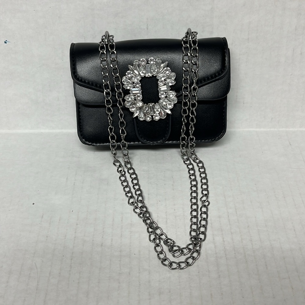 Black leather Rhinestone embellished chain shoulder party Mini Bag night out - Picture 2 of 16